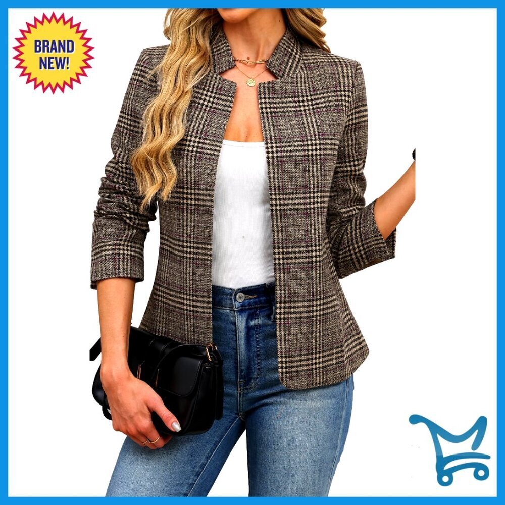 Plaid Blazer Open Front Stand Collar Boyfriend Jacket for Work Casual